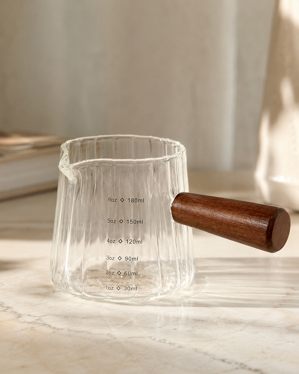 Ribbed Glass Measuring Pitcher with Wooden Handle