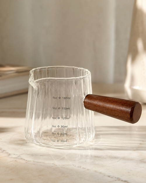 Ribbed Glass Measuring Pitcher with Wooden Handle