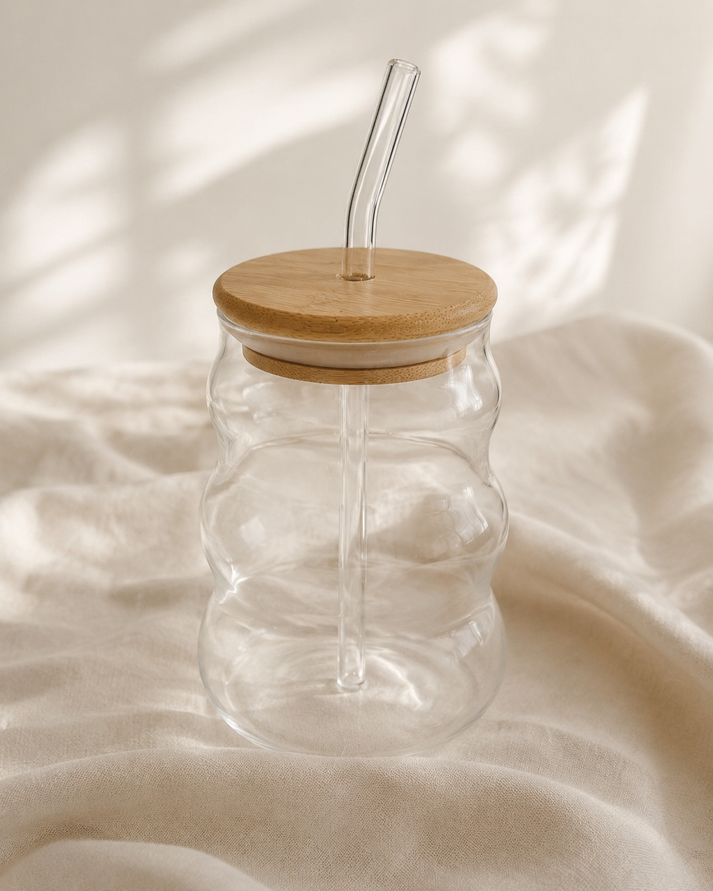 Wave Glass Cup with Bamboo Lid & Straw