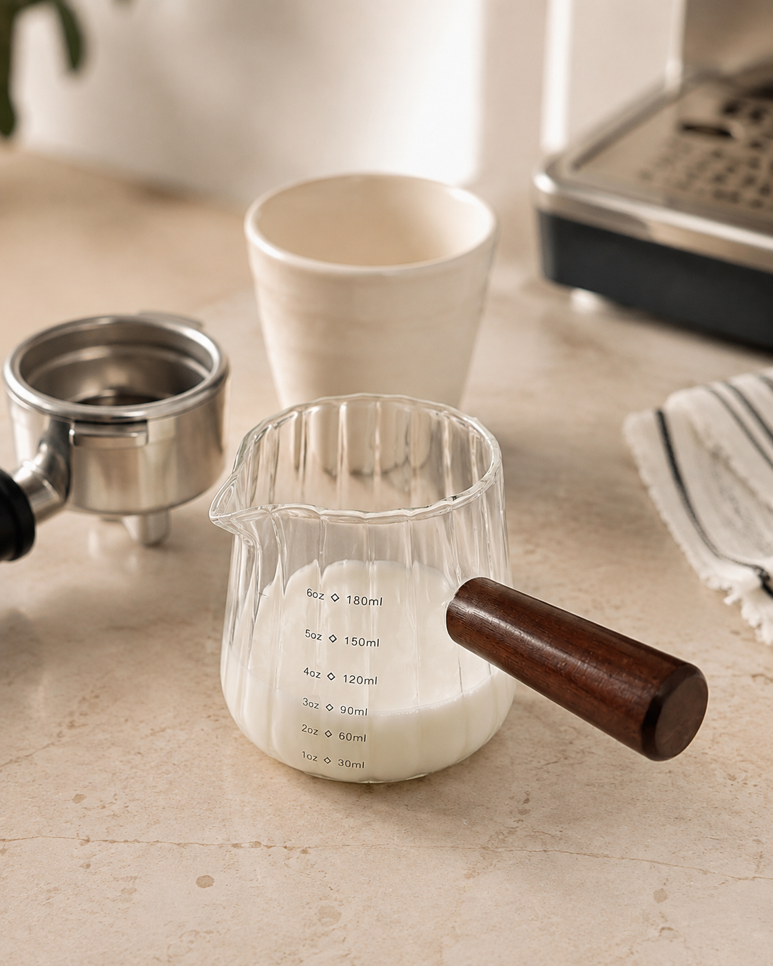 Ribbed Glass Measuring Pitcher with Wooden Handle
