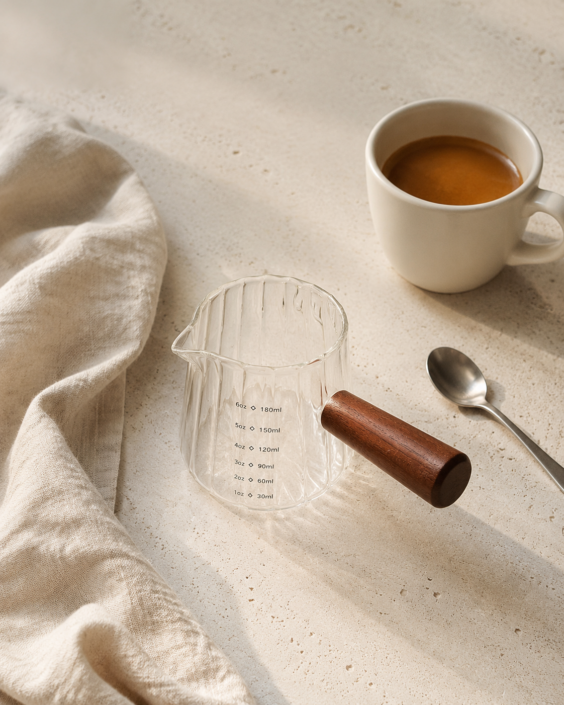 Ribbed Glass Measuring Pitcher with Wooden Handle