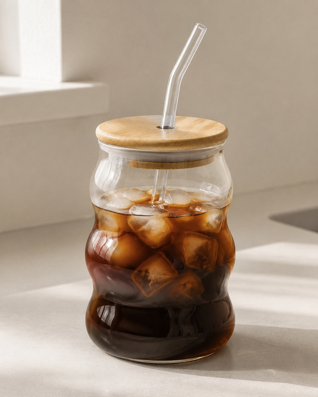 Wave Glass Cup with Bamboo Lid & Straw