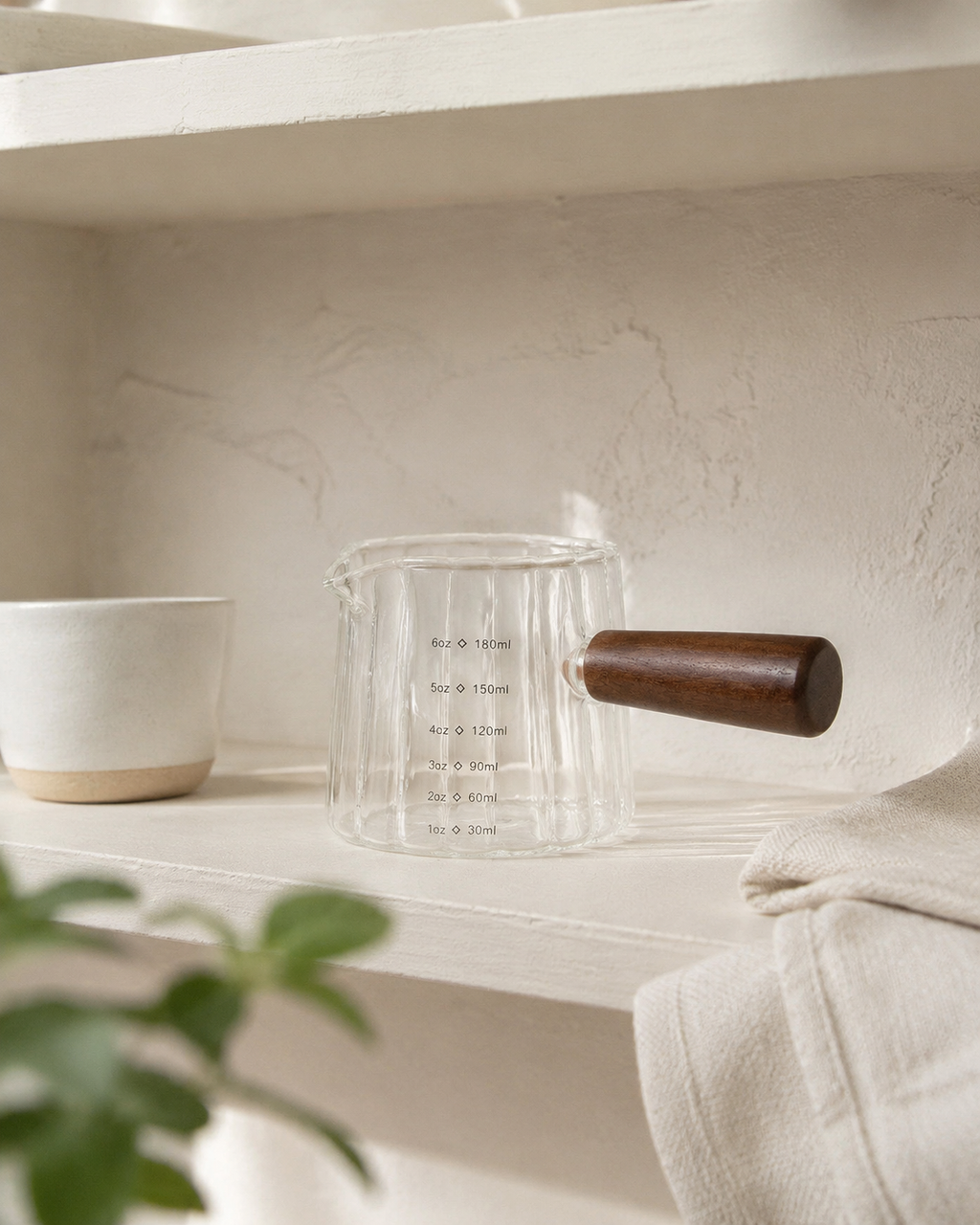 Ribbed Glass Measuring Pitcher with Wooden Handle