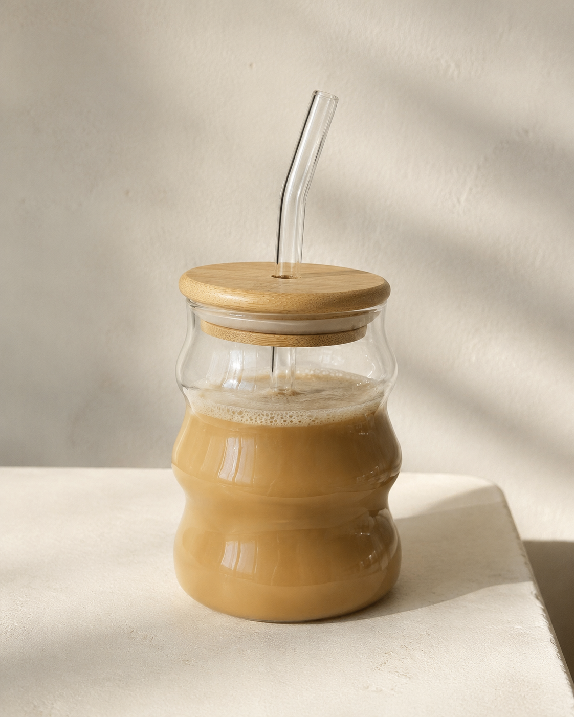 Wave Glass Cup with Bamboo Lid & Straw