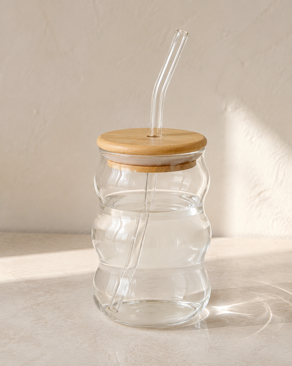 Wave Glass Cup with Bamboo Lid & Straw