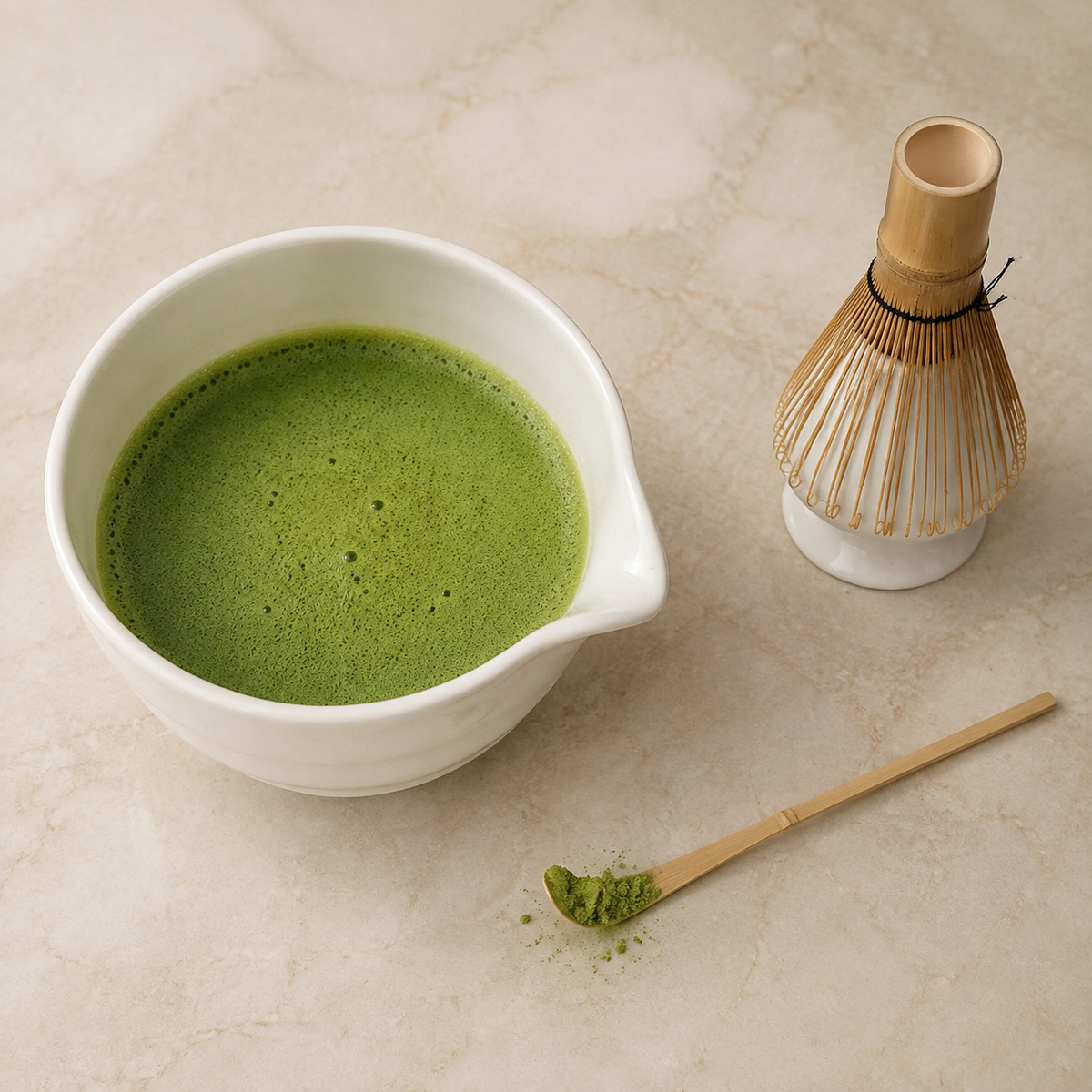 Ivory Ceramic Matcha Bowl & Whisk Holder set