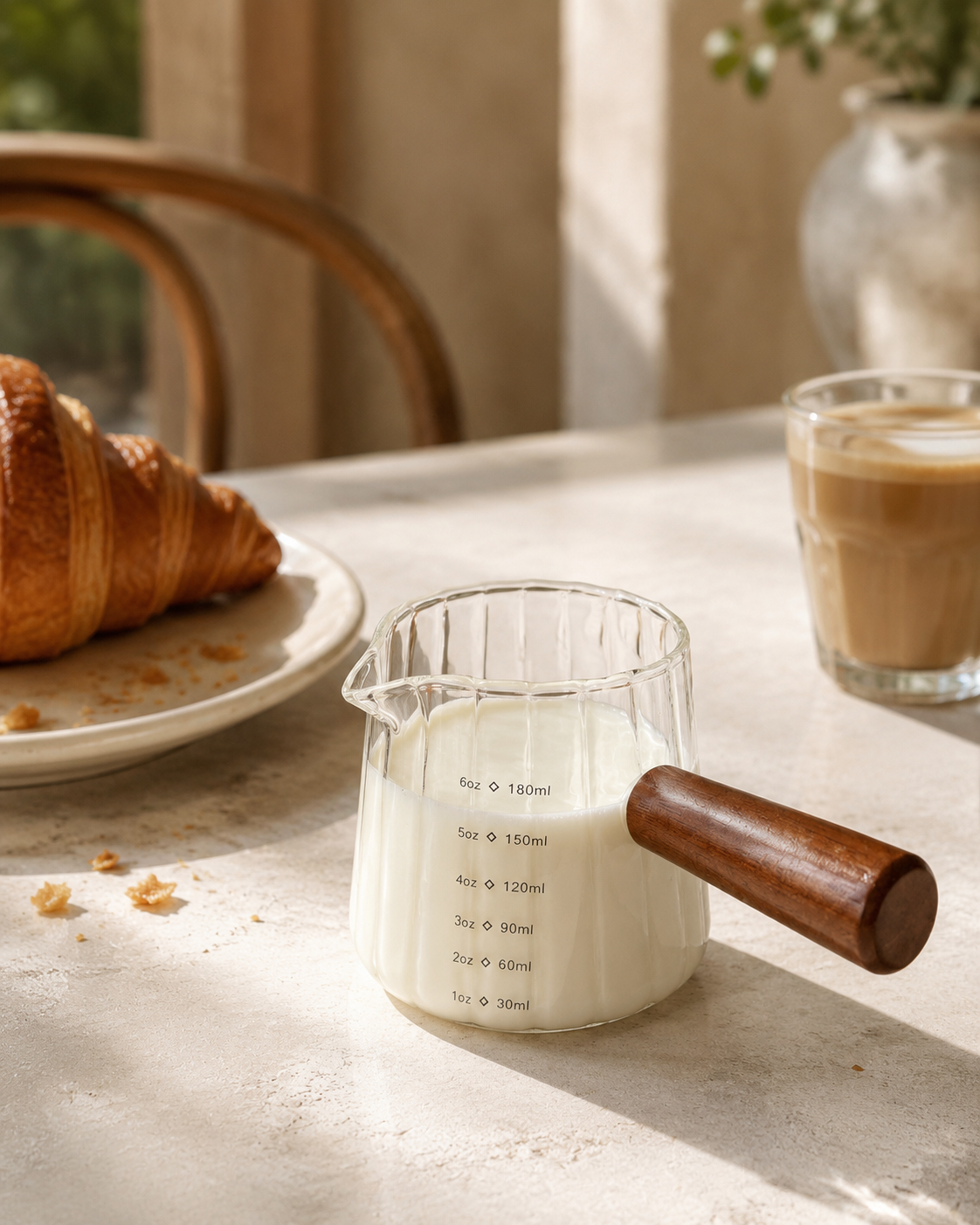 Ribbed Glass Measuring Pitcher with Wooden Handle