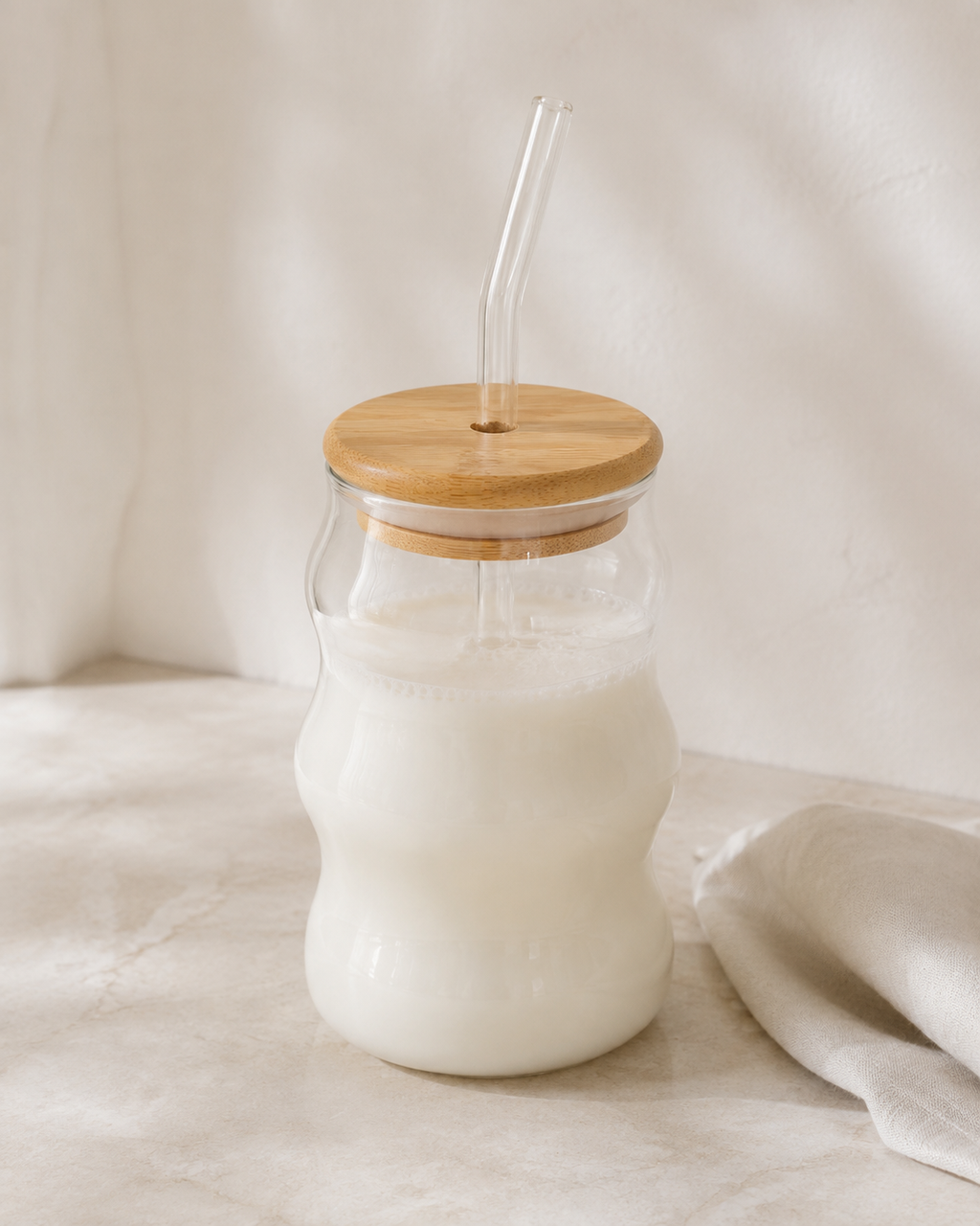 Wave Glass Cup with Bamboo Lid & Straw