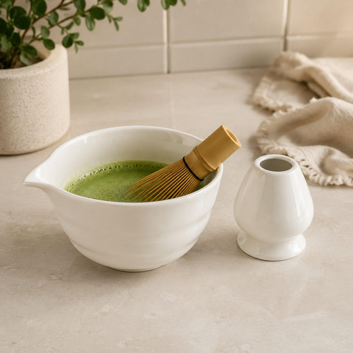 Ivory Ceramic Matcha Bowl & Whisk Holder set