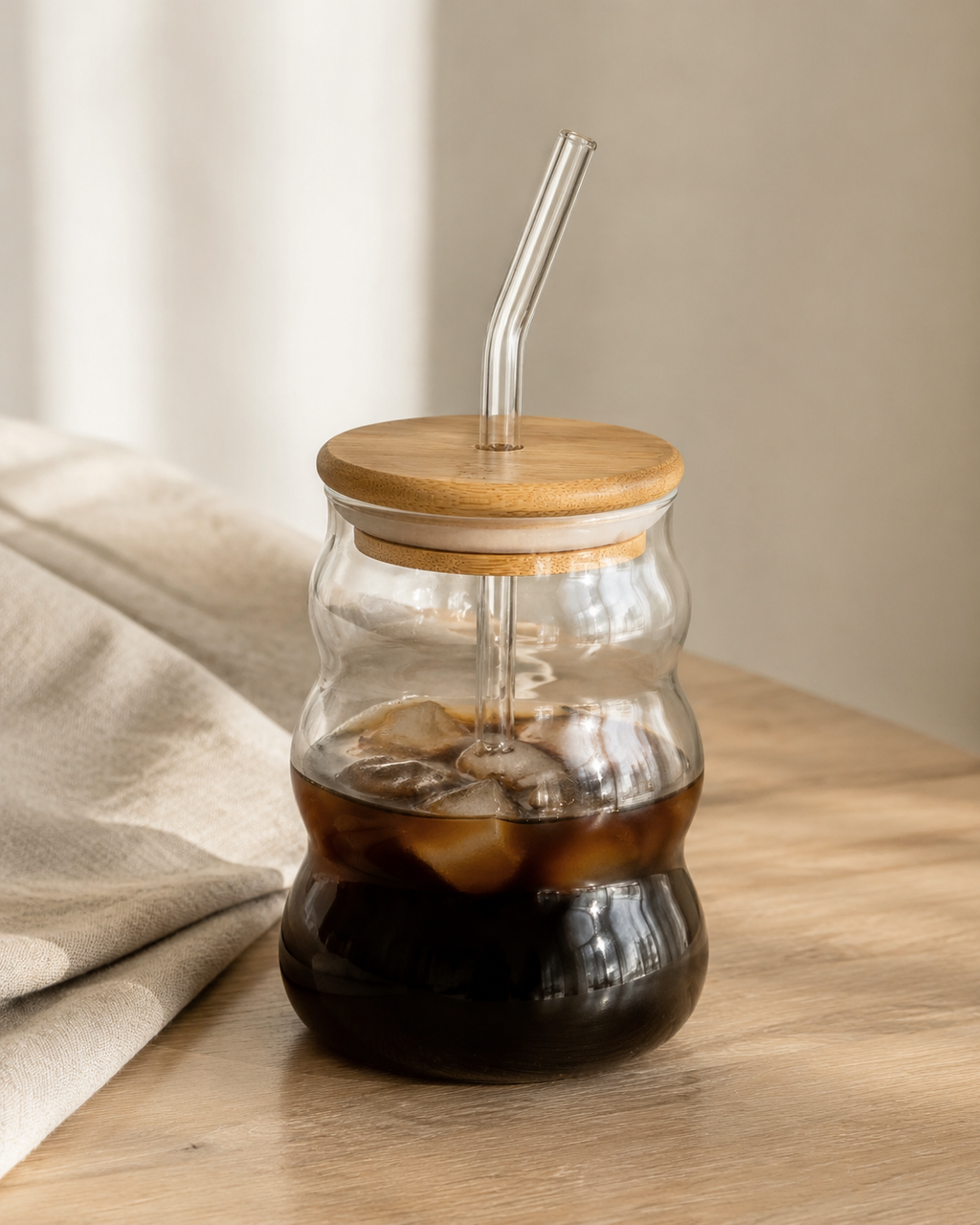Wave Glass Cup with Bamboo Lid & Straw