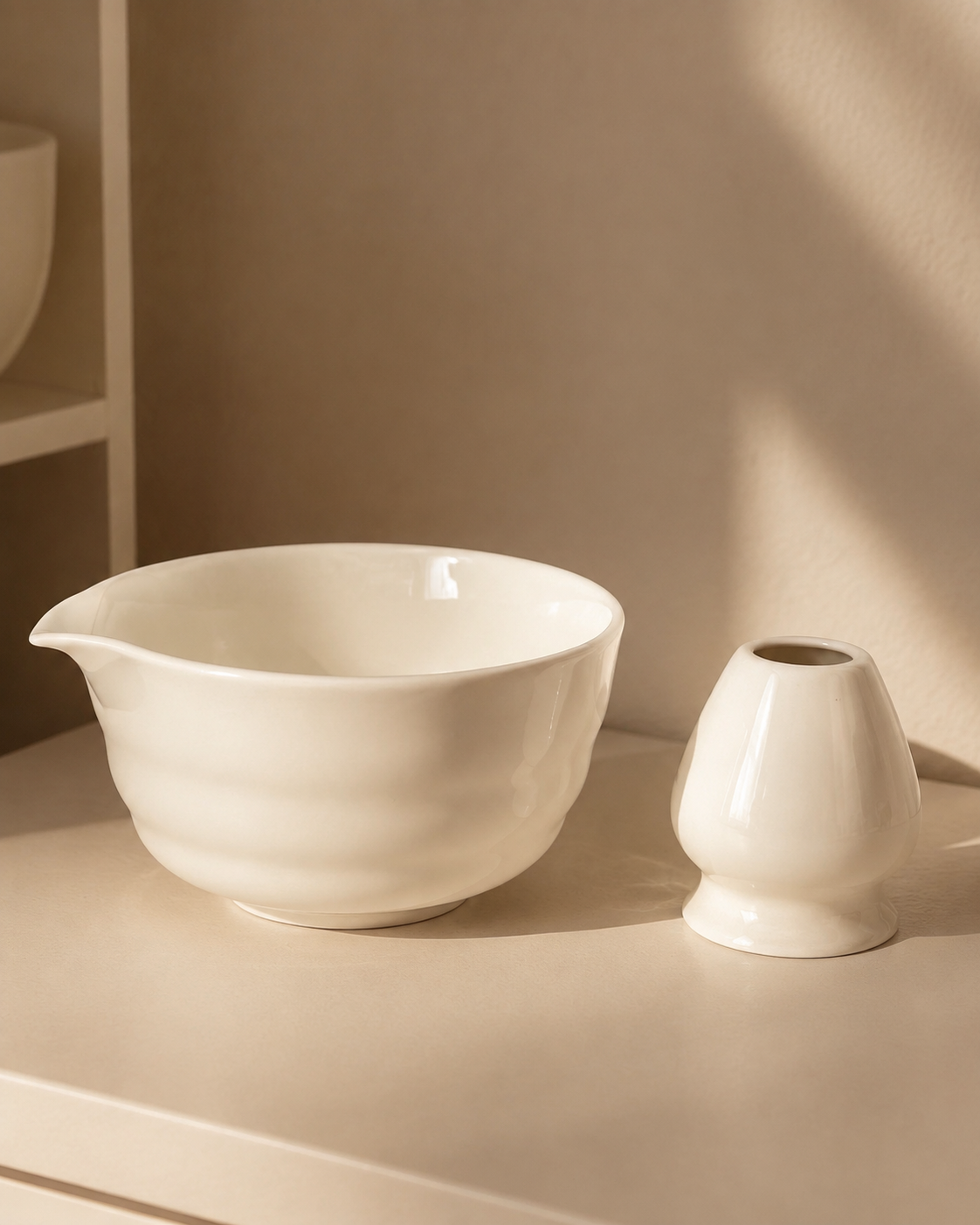 Ivory Ceramic Matcha Bowl & Whisk Holder set