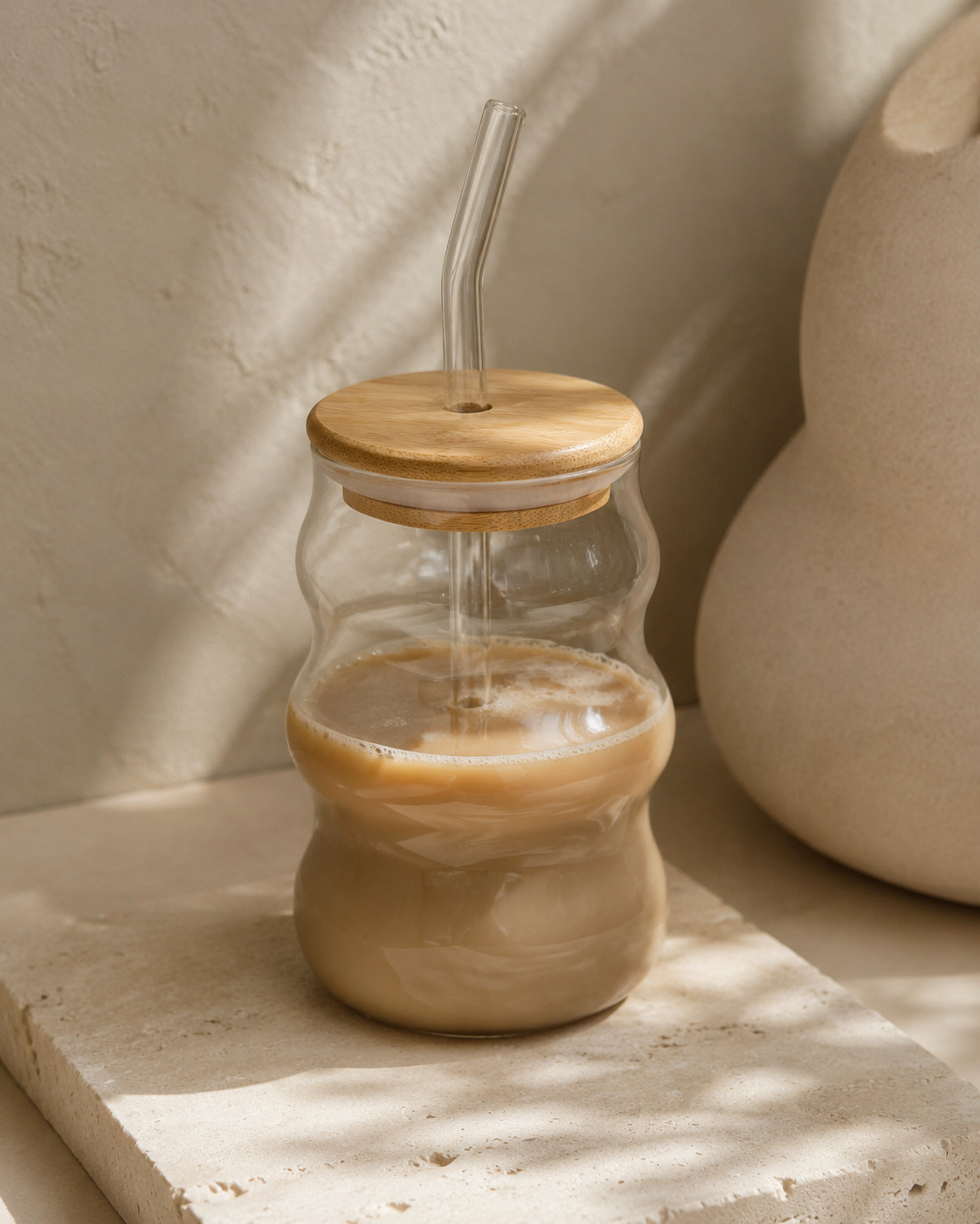 Wave Glass Cup with Bamboo Lid & Straw