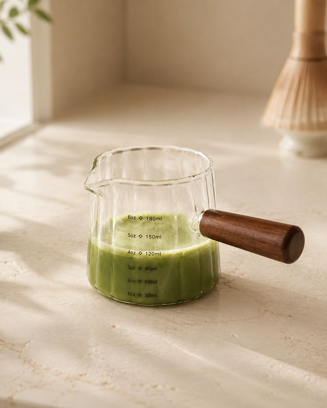 Ribbed Glass Measuring Pitcher with Wooden Handle