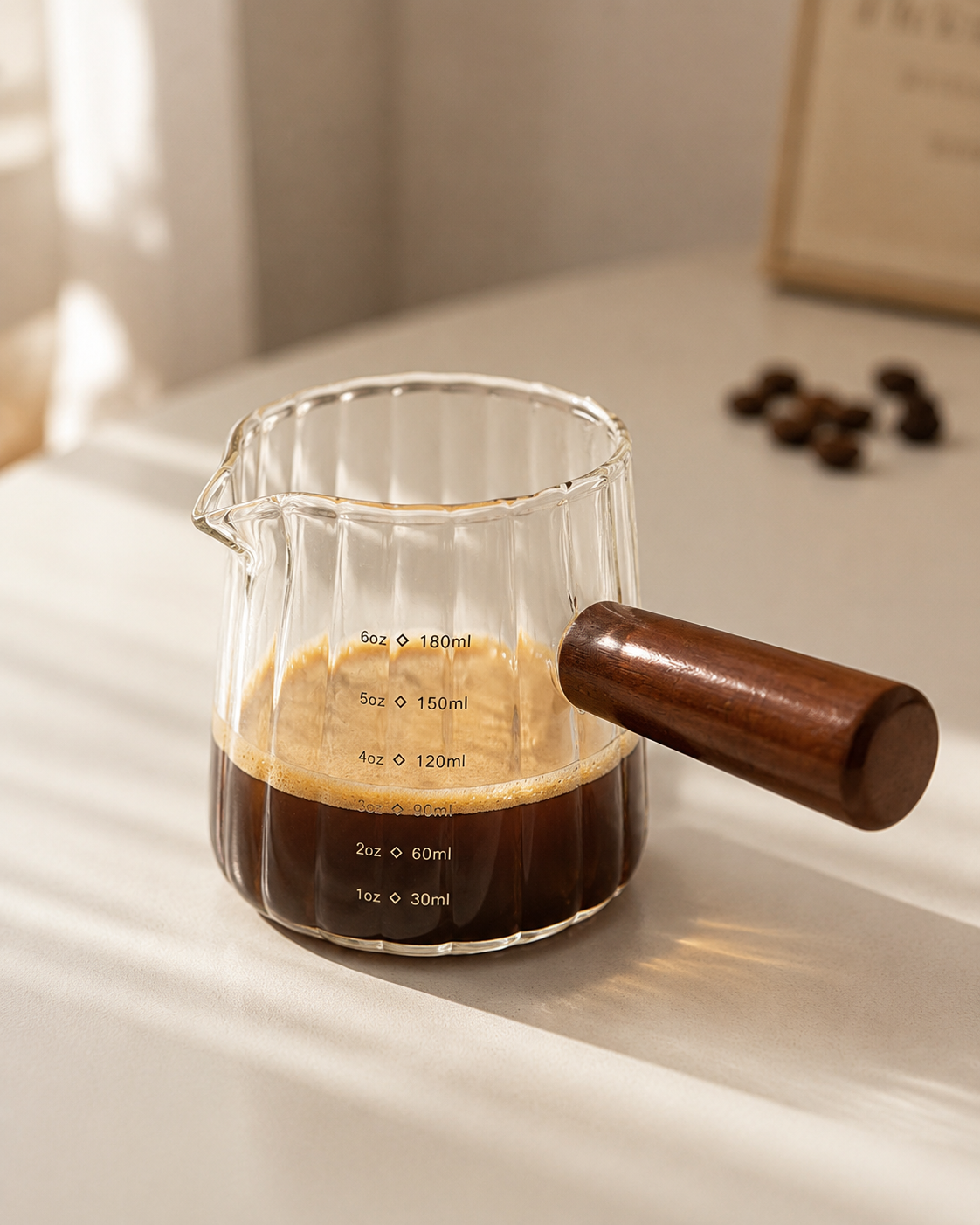 Ribbed Glass Measuring Pitcher with Wooden Handle