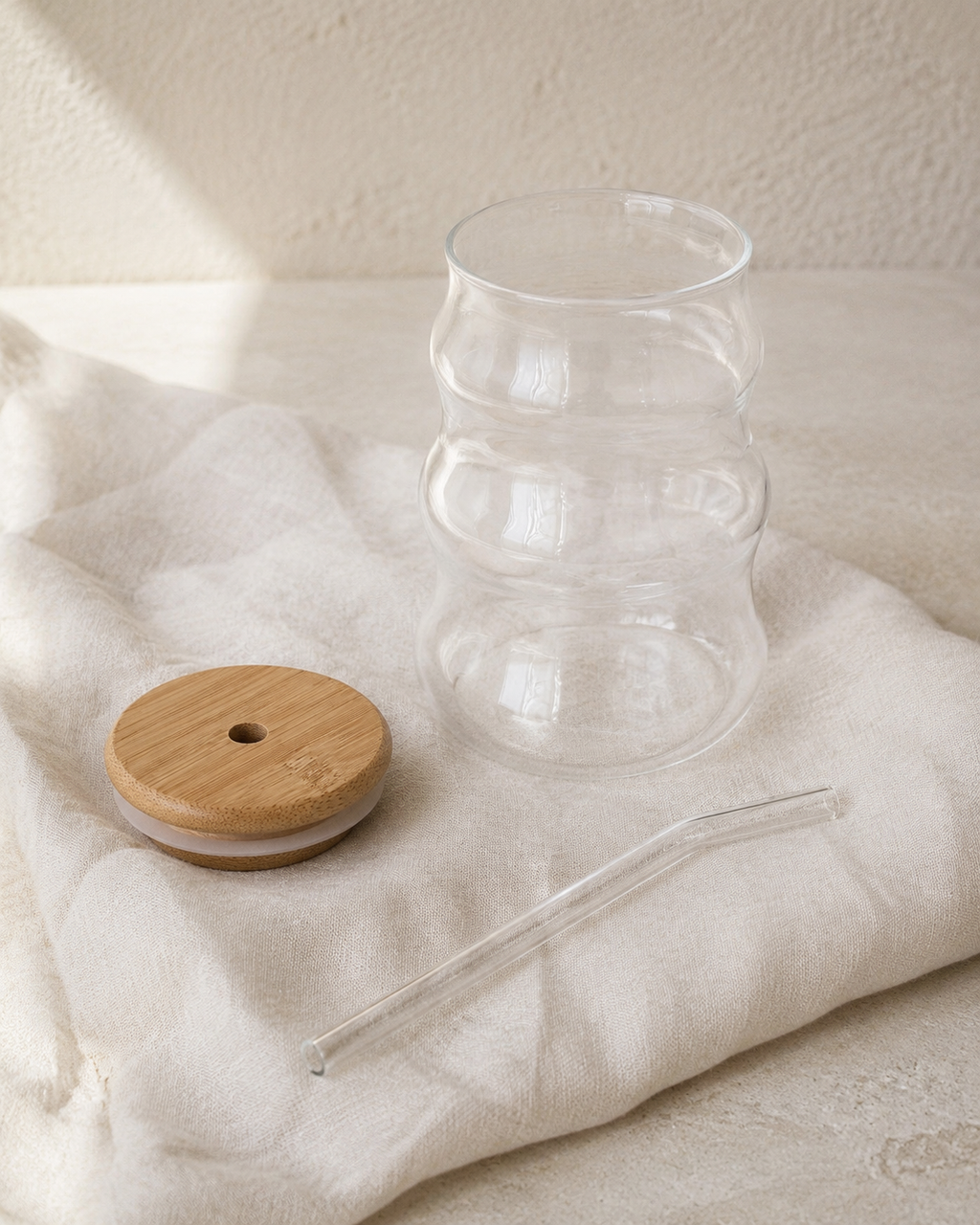 Wave Glass Cup with Bamboo Lid & Straw
